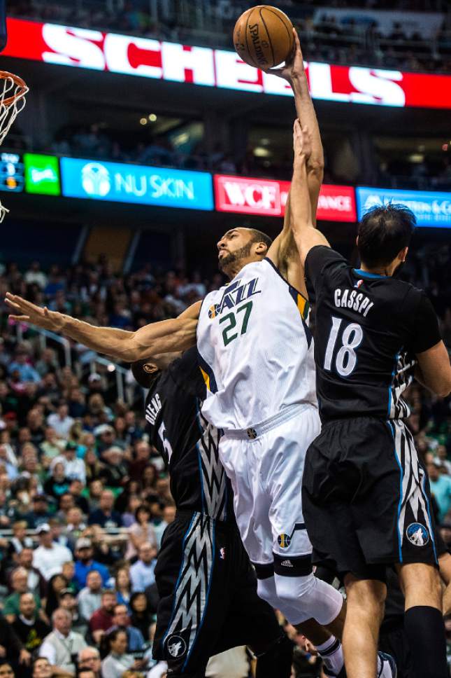 Chris Detrick  |  The Salt Lake Tribune
Minnesota Timberwolves forward Omri Casspi (18) fouls Utah Jazz center Rudy Gobert (27) during the game at Vivint Smart Home Arena Friday, April 7, 2017.