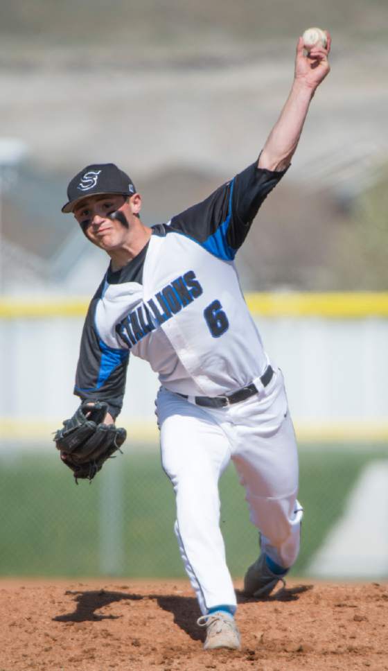 Rick Egan  |  The Salt Lake Tribune

Stansbury pitcher Mitch McIntrye (6) pitches in prep baseball action, Union vs Stansbury, Monday, April 10, 2017.