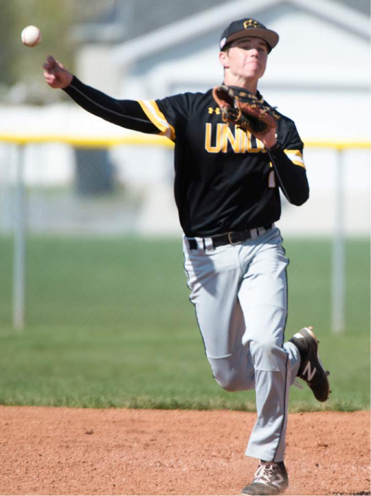 Rick Egan  |  The Salt Lake Tribune

Stansbury short-stop  Hunter Anderson (2) throws a batter out at first, in prep baseball action, Union vs Stansbury, Monday, April 10, 2017.