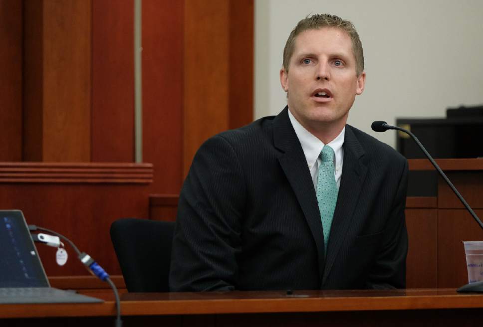 Francisco Kjolseth | The Salt Lake Tribune
Salt Lake Police Officer Kory Checketts  takes to the stand for the prosecution of Abdullahi "Abdi" Mohamed, who was shot and critically wounded by police last February. Mohamed, now 18,  appeared at the Matheson Courthouse in Salt Lake City on Monday, Jan. 23, 2017, for a preliminary hearing.