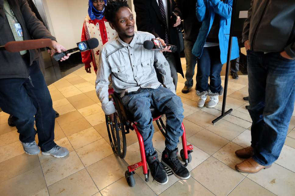 Francisco Kjolseth | The Salt Lake Tribune
Abdullahi "Abdi" Mohamed, who was shot and critically wounded by police last February, leaves the Matheson Courthouse in Salt Lake City on Monday, Jan. 23, 2017, for a preliminary hearing. 'Abdi' was ordered to stand trial for robbery.