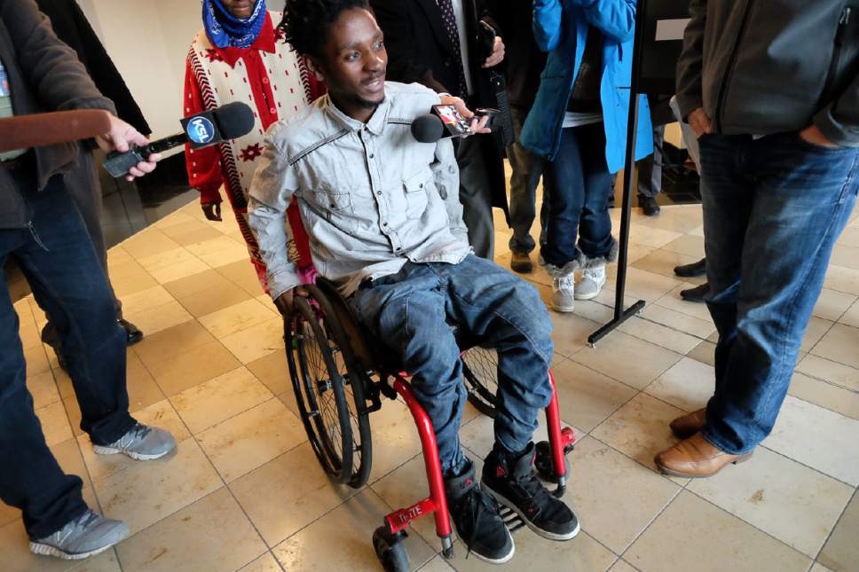 Francisco Kjolseth | The Salt Lake Tribune
Abdullahi "Abdi" Mohamed, who was shot and critically wounded by police last February, leaves the Matheson Courthouse in Salt Lake City on Monday, Jan. 23, 2017, for a preliminary hearing. 'Abdi' was ordered to stand trial for robbery.