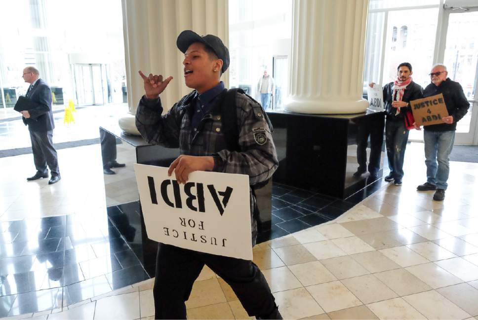 Francisco Kjolseth | The Salt Lake Tribune
Expressing his support, Jonathan Holman, 19, who testified in the case of Abdullahi "Abdi" Mohamed, who was shot and critically wounded by police last February, appears at the Matheson Courthouse in Salt Lake City on Monday, Jan. 23, 2017, following a preliminary hearing for 'Abdi,' who was ordered to stand trial.