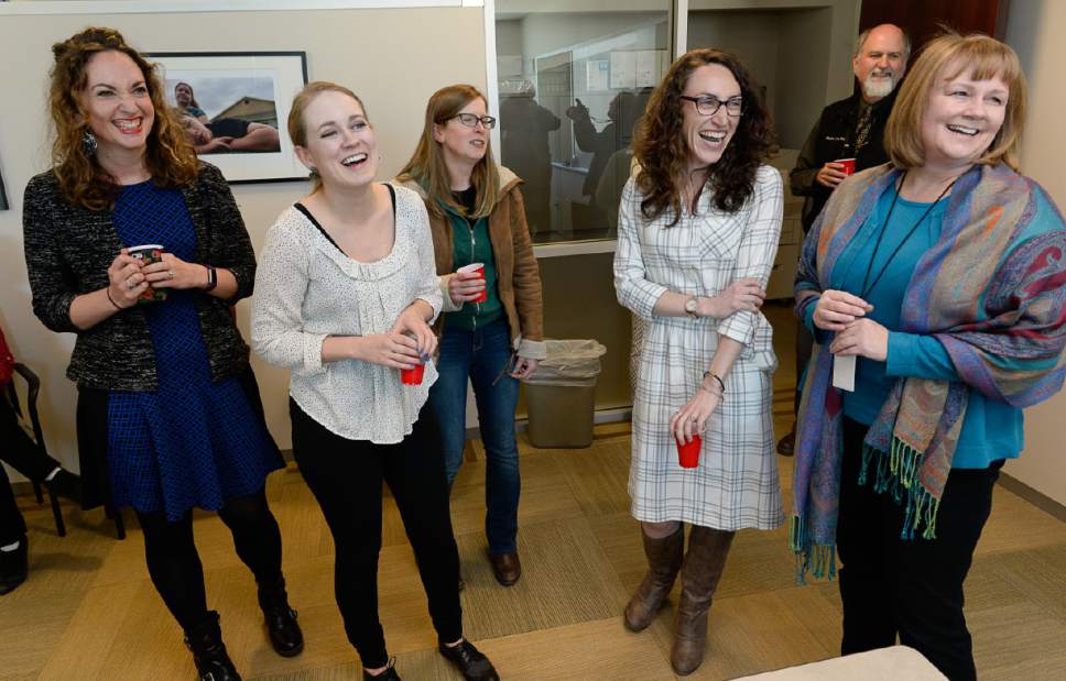 Francisco Kjolseth | The Salt Lake Tribune
Salt Lake Tribune digital editor Rachel Piper, left, reporters Jessica Miller, Erin Alberty, Alex Stuckey and Managing Editor Sheila McCann celebrate as The Salt Lake Tribune wins its second Pulitzer Prize in its nearly 150-year history Monday, earning the nod in local reporting for its groundbreaking investigation of rape at Utah colleges.