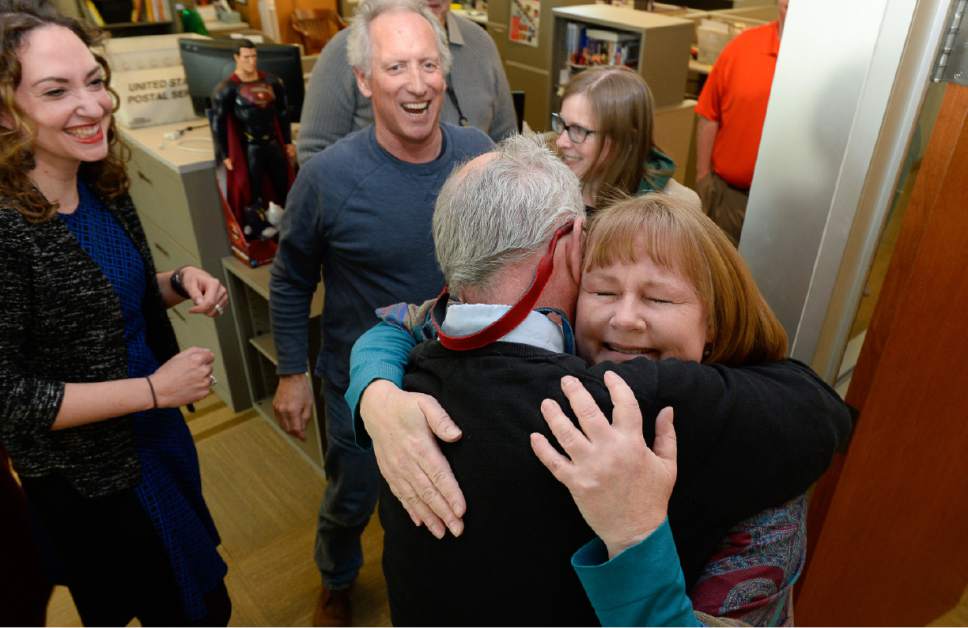 Francisco Kjolseth | The Salt Lake Tribune
Managing Editor Sheila McCann gets a hug from Deputy Editor Tim Fitzpatrick as The Salt Lake Tribune wins its second Pulitzer Prize in its nearly 150-year history Monday, earning the nod in local reporting for its groundbreaking investigation of rape at Utah colleges.