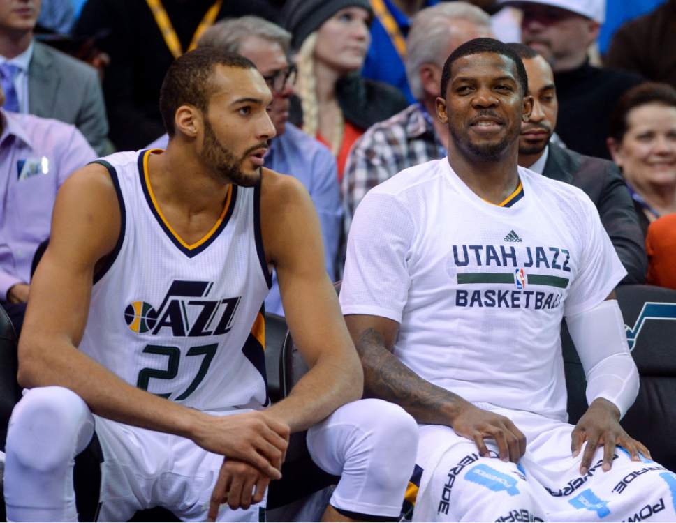 Steve Griffin  |  The Salt Lake Tribune


Utah Jazz center Rudy Gobert (27) and Utah Jazz forward Joe Johnson (6) watch the last few minutes of the game from the bench as the Utah Jazz defeated the Portland Trailblazers at Vivint Smart Home Arena in Salt Lake City Tuesday April 4, 2017.