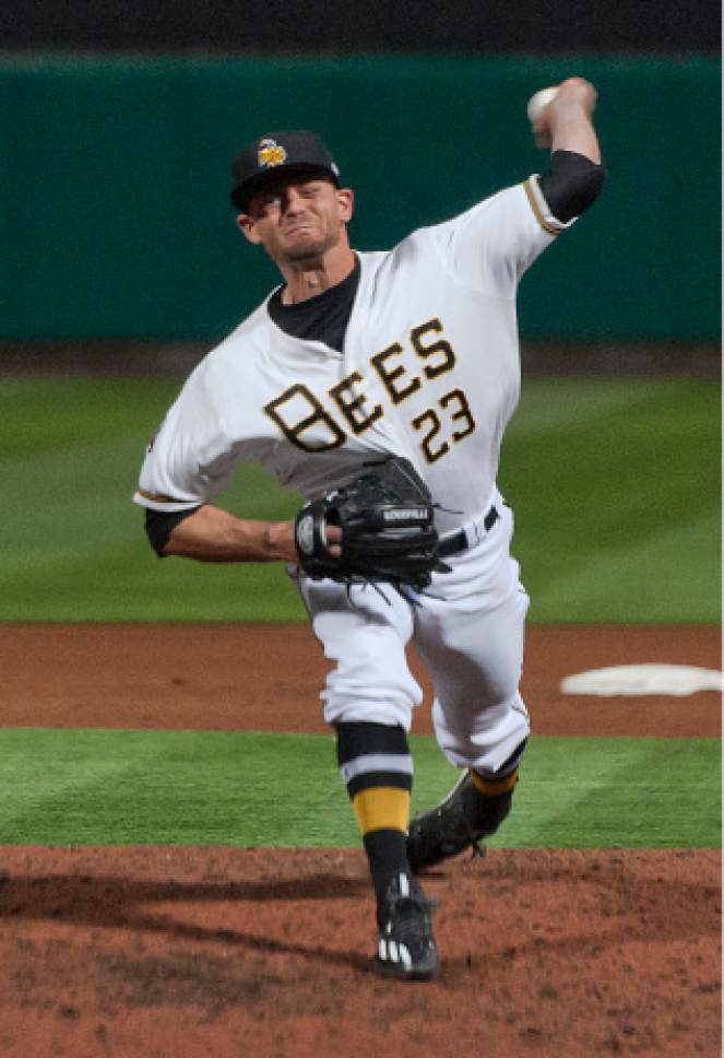 Michael Mangum  |  Special to the Tribune

Salt Lake Bees relief pitcher Cody Ege (23) throws in a pitch during their game against the Sacramento River Cats at Smith's Ballpark on Tuesday, April 11, 2017.