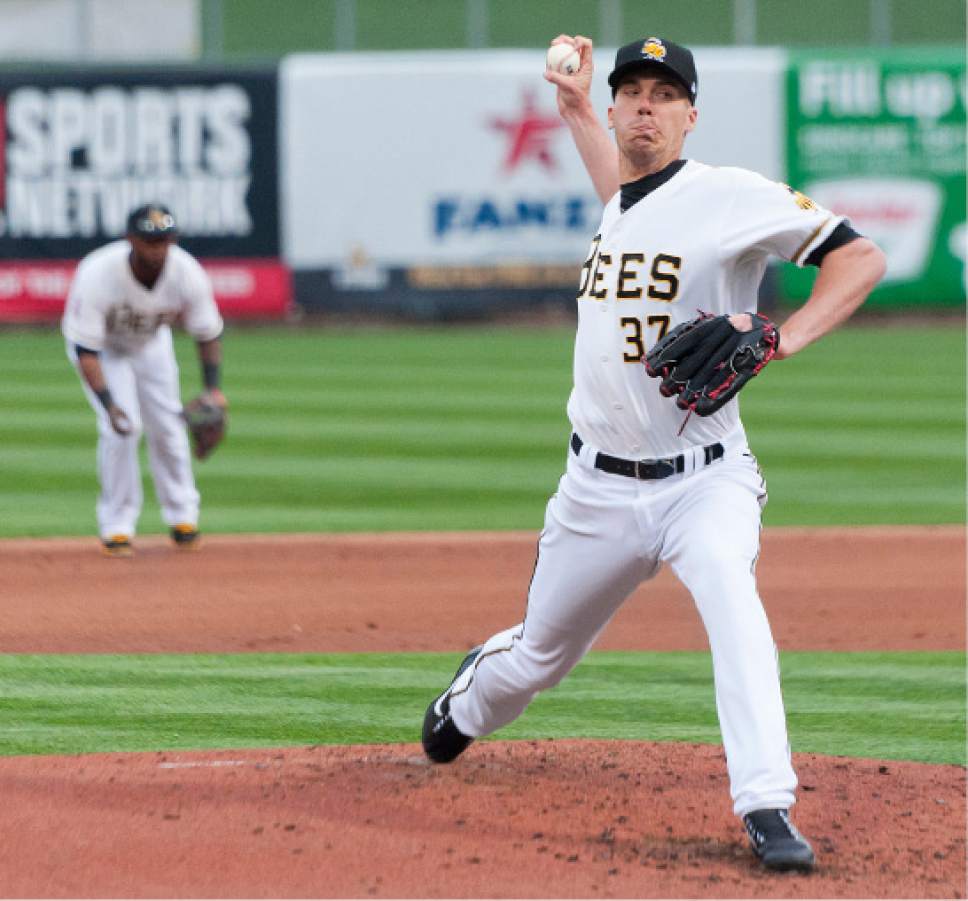 Michael Mangum  |  Special to the Tribune

Salt Lake Bees pitcher Alex Meyer throws in a pitch during their game against the Sacramento River Cats at Smith's Ballpark on Tuesday, April 11, 2017. Meyer had 6 strike outs in 5 innings pitched with 2 earned runs.
