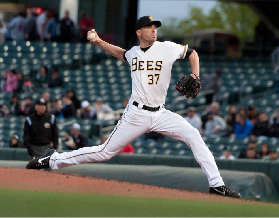 Michael Mangum  |  Special to the Tribune

Salt Lake Bees pitcher Alex Meyer (37) winds up for a pitch during their game against the Sacramento River Cats at Smith's Ballpark on Tuesday, April 11, 2017.