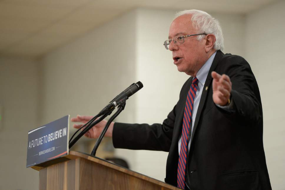 Francisco Kjolseth | The Salt Lake Tribune
Democratic presidential candidate Bernie Sanders speaks foreign policy to a small group gathered in an adjacent room to a packed house 4,800 at West High School in Salt Lake City on Monday, March 21, 2016.
