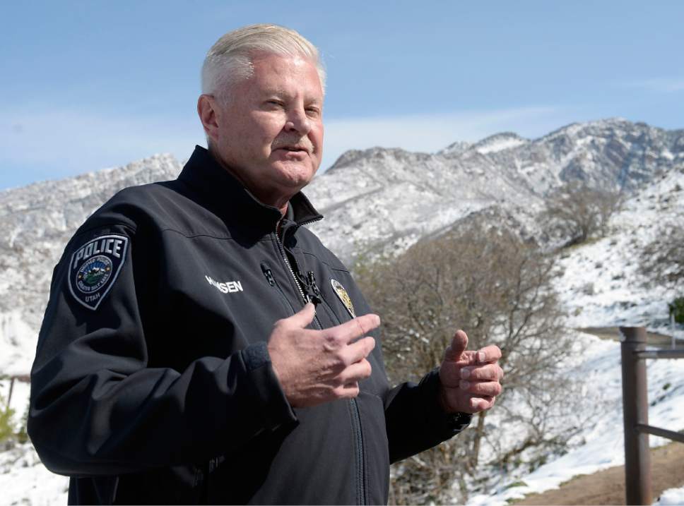 Al Hartmann  |  The Salt Lake Tribune
Unified Police Det. Ken Hansen describes the resumed search in Ferguson Canyon Monday April 10 for Saratoga Springs man Benjamin Kritzer, 28, who has been missing since Thursday on a solo hike in the mountains above Cottonwood Heights.