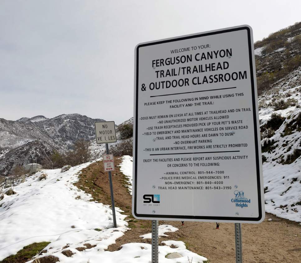 Al Hartmann  |  The Salt Lake Tribune
Trailhead for Ferguson Canyon.  Search and rescue continued for a Saratoga Springs man Benjamin Kritzer, 28 who has been missing since Thursday on a solo hike in the mountains above Cottonwood Heights.