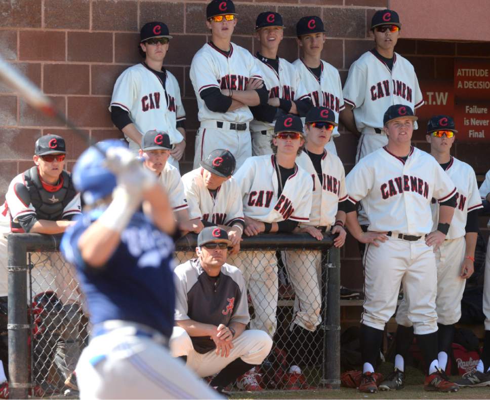 Steve Griffin  |  The Salt Lake Tribune


American Fork players watch from the dugout as Pleasant Grove bats to start the game in American Fork Wednesday April 12, 2017.