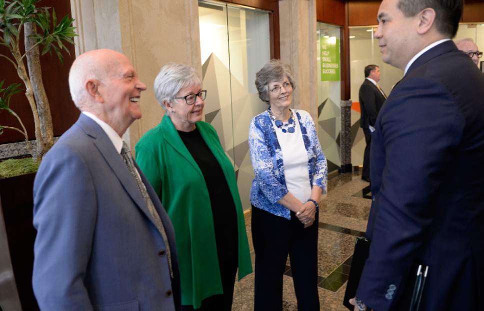 Al Hartmann  |  The Salt Lake Tribune
Utah Attorney General Sean Reyes, right, meets original founders of Natures
Sunshine, Gene Hughes, Kristine Hughes and Pauline Hughes at a  45th anniversary celebration at the company headquarters in Lehi Tuesday April 11.