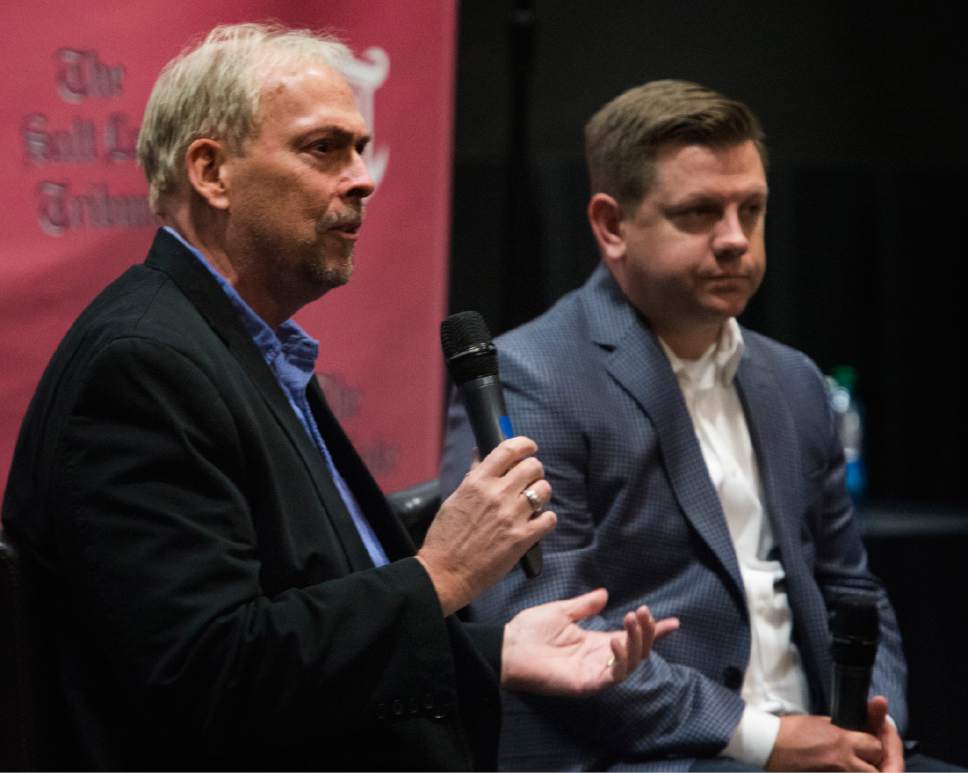 Rick Egan  |  The Salt Lake Tribune

Tribune columnist Gordon Monson leads a discussion with Utah Jazz President Steve Starks, during a "Back to the Playoffs"  discussion sponsored by the Tribune, at the Gateway Megaplex Theaters, April 11, 2017.