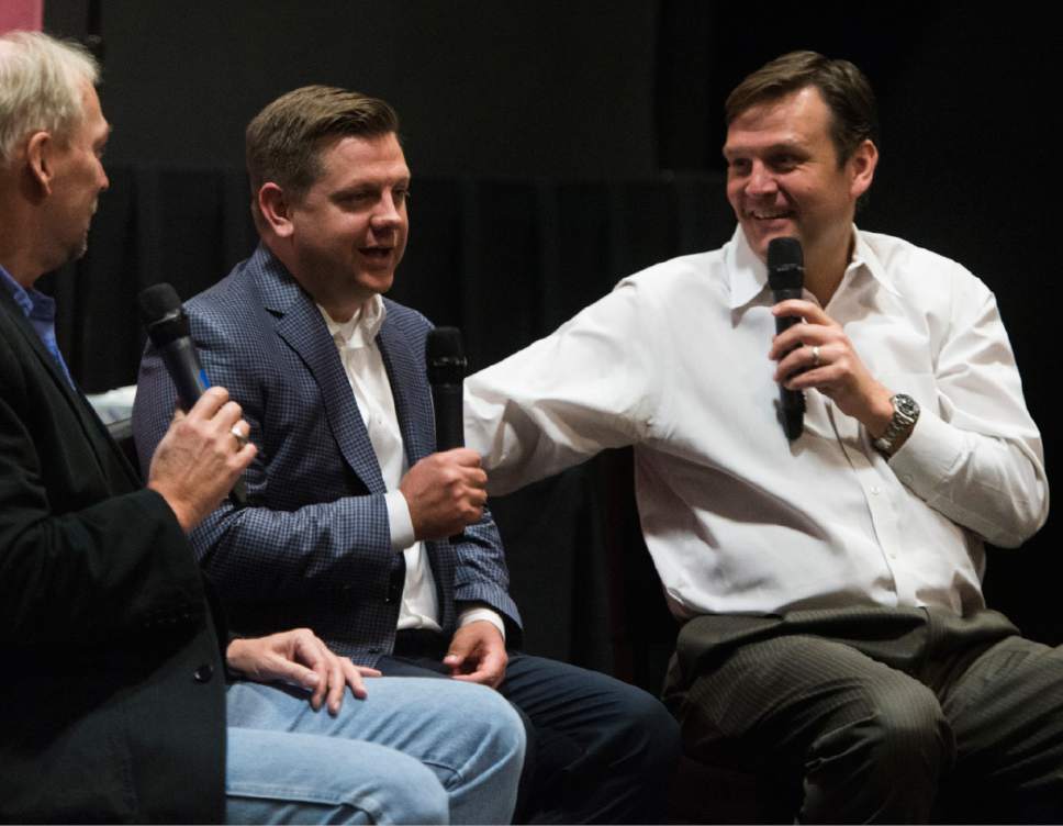 Rick Egan  |  The Salt Lake Tribune

Utah Jazz General Manager Dennis Lindsey, makes a comment  during a discussion with Salt Lake Tribune columnist Gordon Monson, and Utah Jazz President Steve Starks, during a "Back to the Playoffs" discussion sponsored by the Tribune, at the Gateway Megaplex Theaters, April 11, 2017.