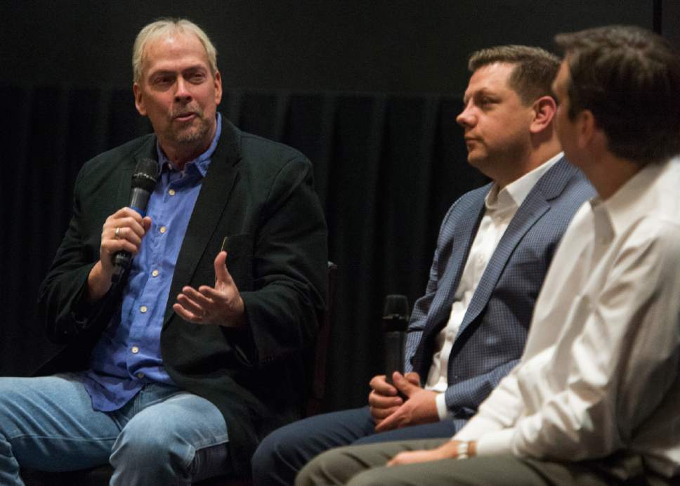 Rick Egan  |  The Salt Lake Tribune

Tribune columnist Gordon Monson leads a discussion with Utah Jazz President Steve Starks, during a "Back to the Playoffs"  discussion sponsored by the Tribune, at the Gateway Megaplex Theaters, April 11, 2017.