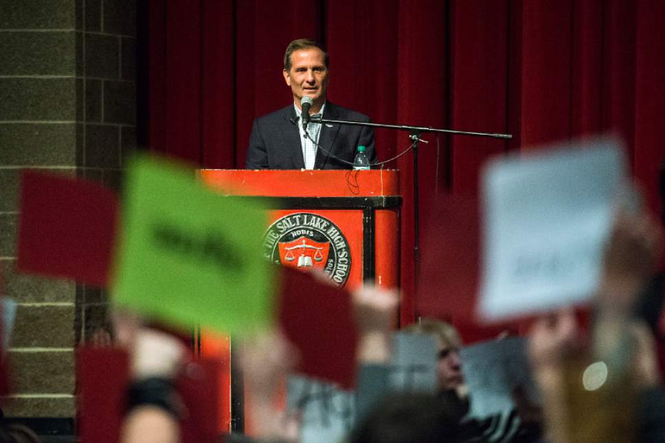 Chris Detrick  |  The Salt Lake Tribune
Rep. Chris Stewart speaks during a town hall meeting at West High School Friday March 31, 2017.
