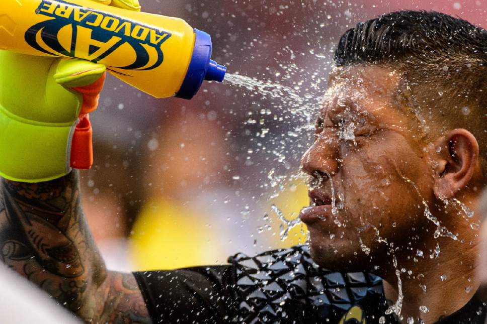Trent Nelson  |  The Salt Lake Tribune
Real Salt Lake goalkeeper Nick Rimando (18) goes through his pre-game ritual of spraying water on his face as Real Salt Lake hosts the Los Angeles Galaxy, MLS soccer at Rio Tinto Stadium in Sandy, Wednesday September 7, 2016.