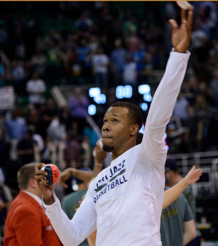 Steve Griffin  |  The Salt Lake Tribune


Utah Jazz guard Rodney Hood (5) throws mini balls to the fans as the 2017 season comes to a close following the Jazz victory over the Spurs at Vivint Smart Home Arena in Salt Lake City Wednesday April 12, 2017.