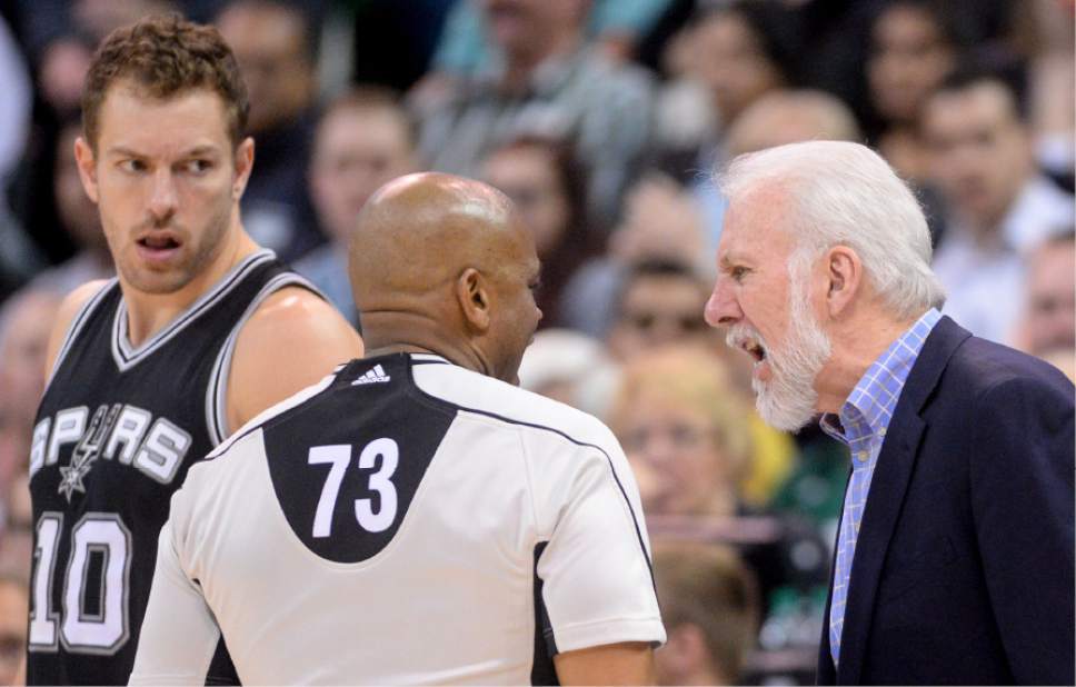 Steve Griffin  |  The Salt Lake Tribune


San Antonio Spurs head coach Gregg Popovich talks with referee Tre Maddox (73) during the final game of the 2017 season at Vivint Smart Home Arena in Salt Lake City Wednesday April 12, 2017.