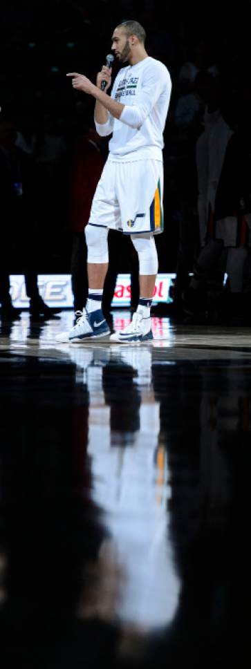 Steve Griffin  |  The Salt Lake Tribune


Utah Jazz center Rudy Gobert (27) thanks the fans for their support all season prior to the tip-off of the final game of the 2017 season against the San Antonio Spurs at Vivint Smart Home Arena in Salt Lake City Wednesday April 12, 2017.