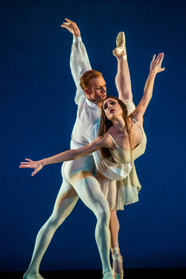 Chris Detrick  |  The Salt Lake Tribune
Ballet West principal dancers Emily Adams and Adrian Fry perform George Balanchineís 'Chaconne' during the final dress rehearsal of "Journeys and Reflections,"at the Capitol Theatre Thursday, April 6, 2017.