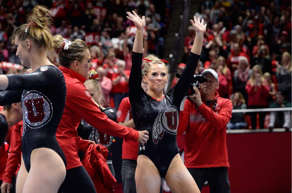 Scott Sommerdorf | The Salt Lake Tribune
Utah's MyKayla Skinner and team mates react to her 10.00 score in the floor exercise. Utah outscored Stanford 197.500 to 196.275, Friday, March 3, 2017.