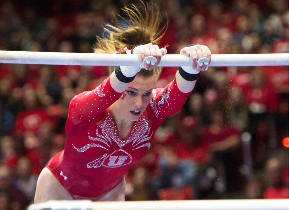 Rick Egan  |  The Salt Lake Tribune

Baely Rowe performs on the bars for the Utes, in gymnastics action, Utah vs UCLA, at the Huntsman Center, Saturday, February 18, 2017.