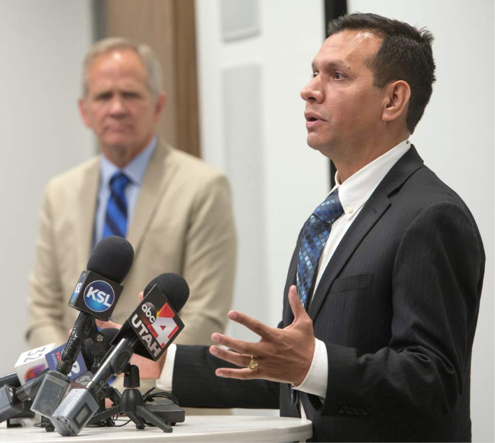 Rick Egan  |  The Salt Lake Tribune

Ed Smart listens as Rosemberg Salgado and asks the public for help locating his niece, Elizabeth Elena Laguna-Salgado, during a news conference.  Laguna-Salgado seemingly vanished without a trace while walking home from school in Provo two years ago, Friday, April 14, 2017.