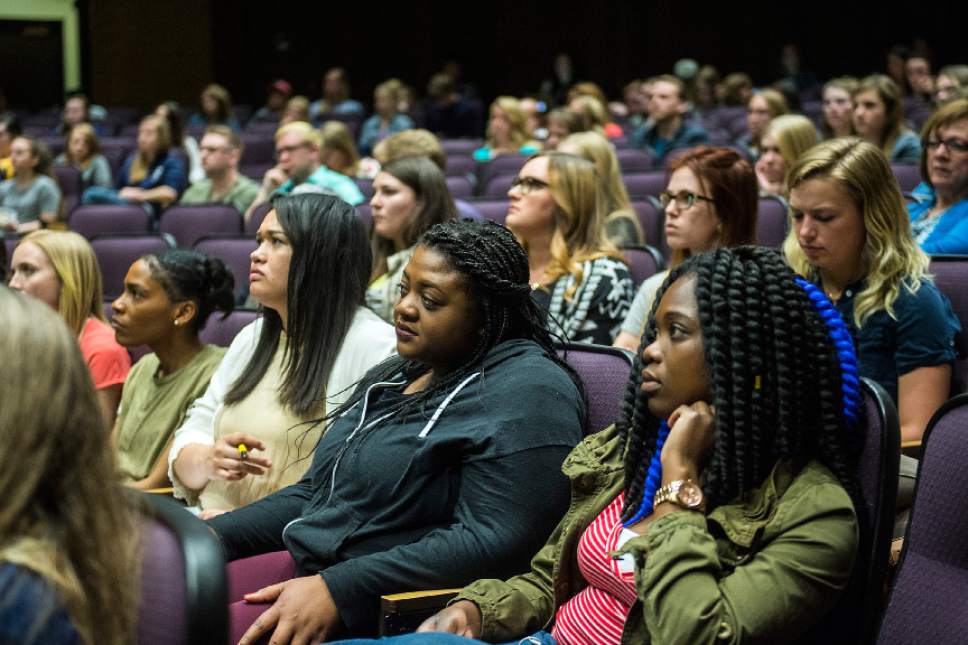 Chris Detrick  |  The Salt Lake Tribune
Members of the audience listen as Dr. Lindsay Orchowski speaks at Brigham Young University's Spencer W. Kimball Tower during an event for Sexual Assault Awareness Month Friday, April 14, 2017.
