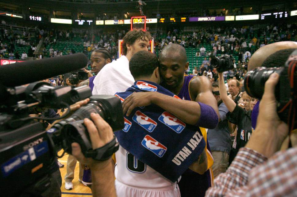 Rick Egan | The Salt Lake Tribune

Los Angeles Lakers' Kobe Bryant (24) embraces Utah Jazz's Deron Williams (8) after the Lakers swept the Jazz in game 4 of the second round of the playoffs at EnergySolutions Arena Monday, May 10, 2010.