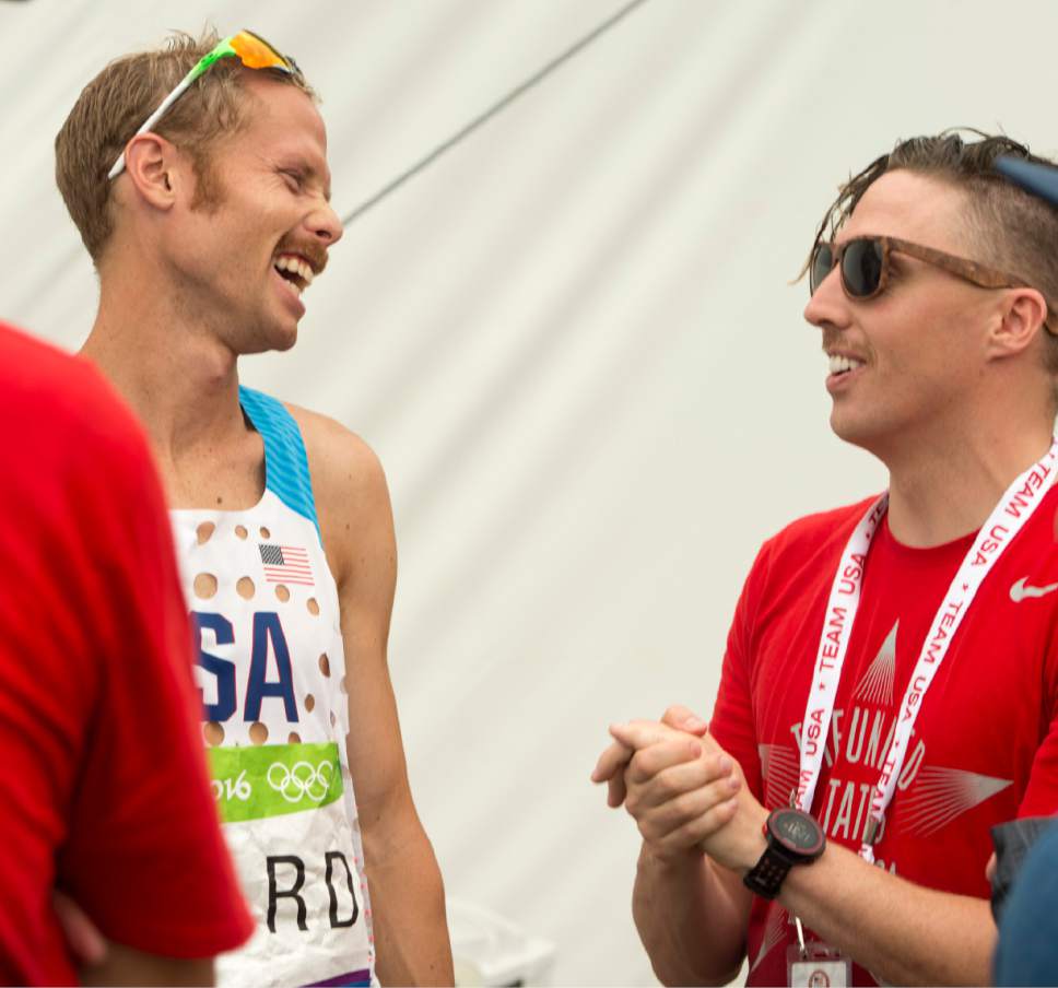 Rick Egan  |  The Salt Lake Tribune

Jared Ward shares a laugh withDan Jones, a friend from Utah sporting a mustache in support of Jared who placed 6th in todays  Olympic Marathon, in Rio de Janeiro, Sunday, August 21, 2016.