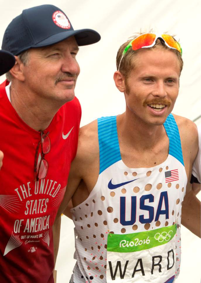 Rick Egan  |  The Salt Lake Tribune

Jared Ward poses with coach, Ed Eyestone, after finishing 6th in a field of 155 runners, in todays Olympic Marathon, in Rio de Janeiro, Sunday, August 21, 2016.