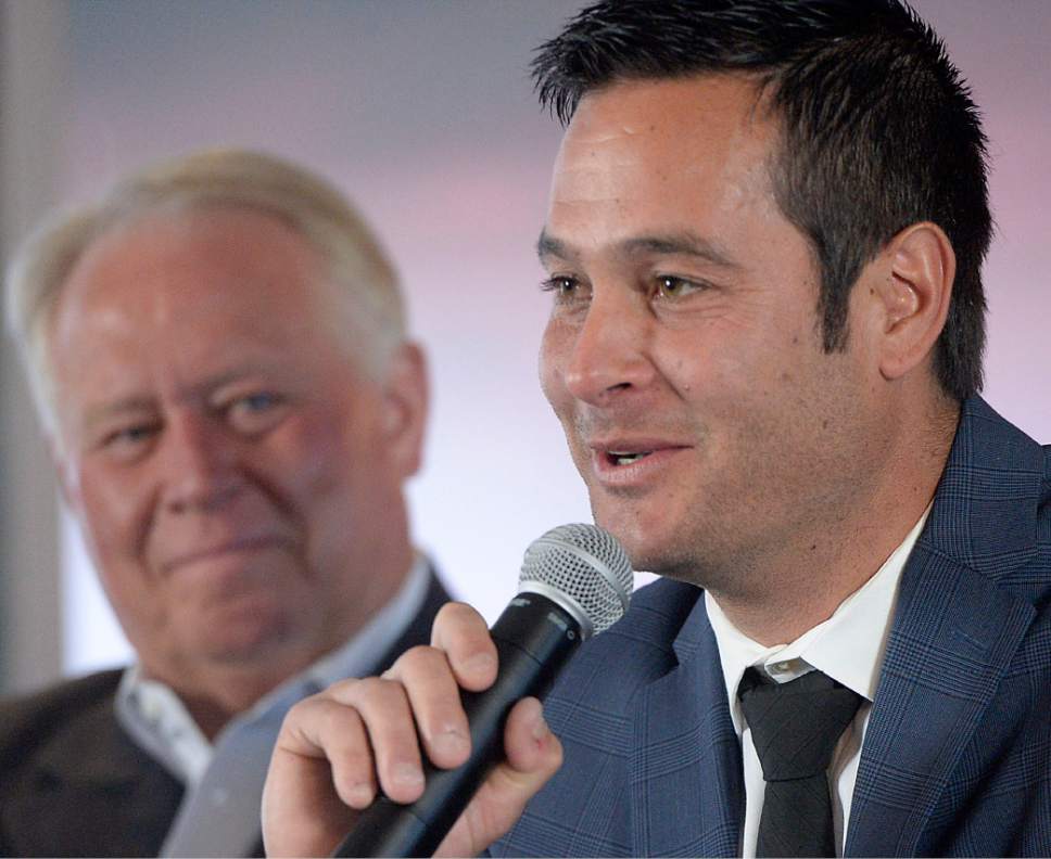 Al Hartmann  |  The Salt Lake Tribune
Real Salt Lake's new coach Mike Petke  speaks during a news conference Wednesday March 29 at Rio Tinto Stadium.  Team owner Dell Loy Hansen, left.