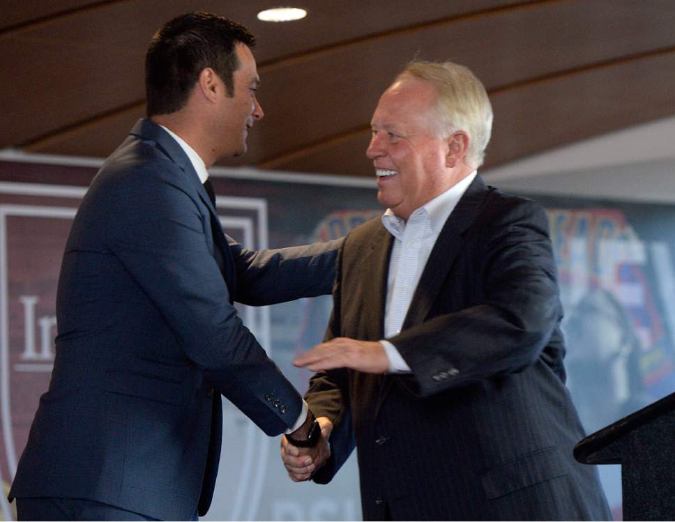 Al Hartmann  |  The Salt Lake Tribune
Real Salt Lake Owner Dell Loy Hansen, right, shakes hands with the team's new coach Mike Petke at announcment at Rio Tinto Stadium Wednesday March 29.