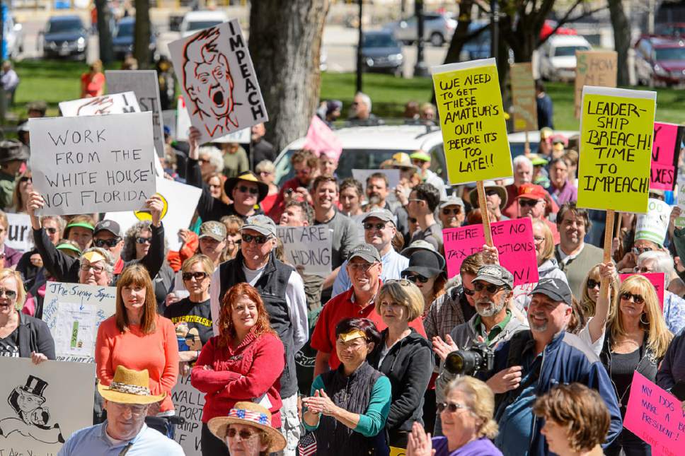 Trent Nelson  |  The Salt Lake Tribune
Participants at a rally calling for President Trump to release his tax returns, which took place at the Salt Lake City and County Building, Saturday April 15, 2017.