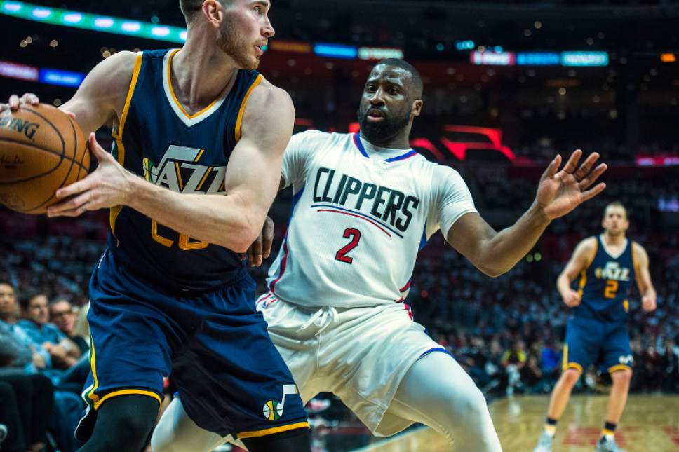 Chris Detrick  |  The Salt Lake Tribune
Utah Jazz forward Gordon Hayward (20) and LA Clippers guard Raymond Felton (2) during Game 1 of the Western Conference at the Staples Center Saturday, April 15, 2017.  Utah Jazz defeated LA Clippers 97-95.