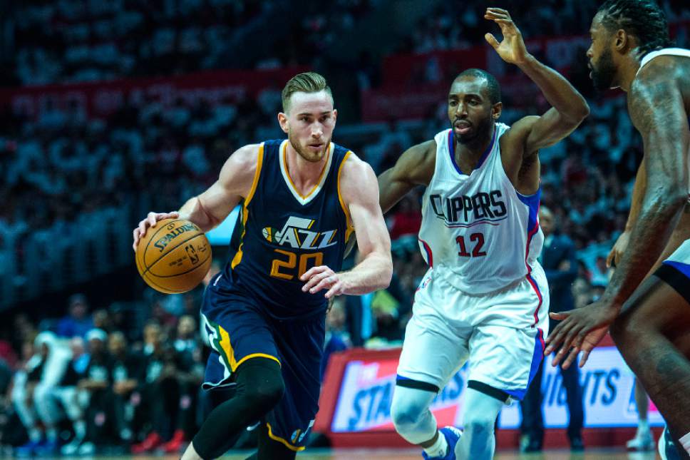 Chris Detrick  |  The Salt Lake Tribune
Utah Jazz forward Gordon Hayward (20) runs past LA Clippers forward Luc Mbah a Moute (12) during Game 1 of the Western Conference at the Staples Center Saturday, April 15, 2017.  Utah Jazz defeated LA Clippers 97-95.