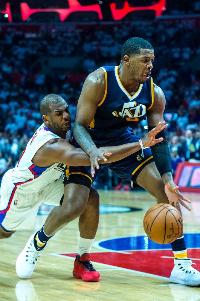 Chris Detrick  |  The Salt Lake Tribune
LA Clippers guard Chris Paul (3) tries to get the ball from Utah Jazz forward Joe Johnson (6) during Game 1 of the Western Conference at the Staples Center Saturday, April 15, 2017.  Utah Jazz defeated LA Clippers 97-95.