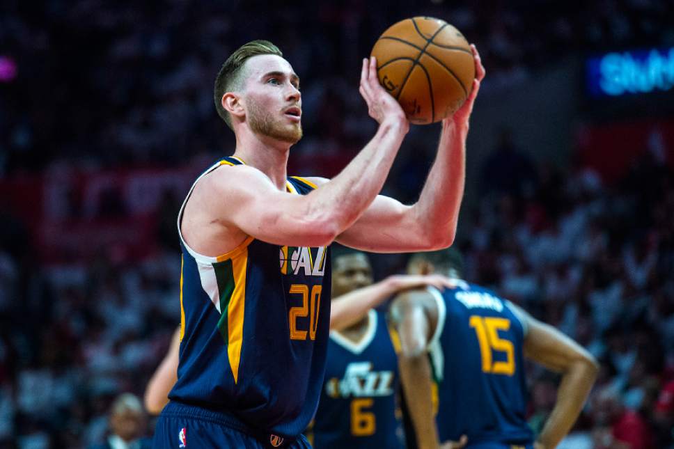 Chris Detrick  |  The Salt Lake Tribune
Utah Jazz forward Gordon Hayward (20) shoots a free throw during Game 1 of the Western Conference at the Staples Center Saturday, April 15, 2017.  Utah Jazz defeated LA Clippers 97-95.