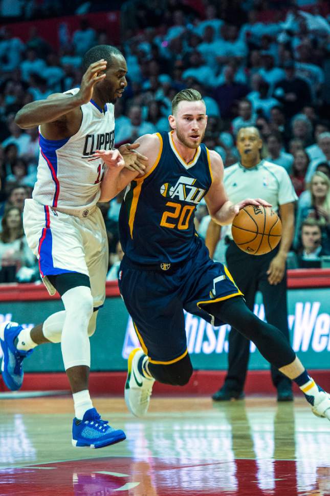 Chris Detrick  |  The Salt Lake Tribune
Utah Jazz forward Gordon Hayward (20) runs around LA Clippers forward Luc Mbah a Moute (12) during Game 1 of the Western Conference at the Staples Center Saturday, April 15, 2017.  Utah Jazz defeated LA Clippers 97-95.