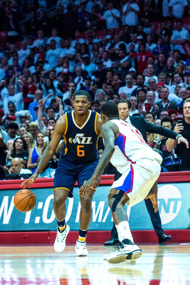 Chris Detrick  |  The Salt Lake Tribune
Utah Jazz forward Joe Johnson (6) runs around LA Clippers guard Jamal Crawford (11) for the game winning shot during Game 1 of the Western Conference at the Staples Center Saturday, April 15, 2017.  Utah Jazz defeated LA Clippers 97-95.