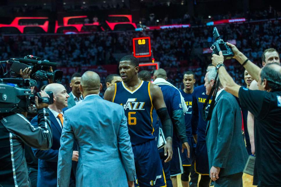 Chris Detrick  |  The Salt Lake Tribune
Utah Jazz forward Joe Johnson (6) celebrates with his teammates after winning Game 1 of the Western Conference at the Staples Center Saturday, April 15, 2017.  Utah Jazz defeated LA Clippers 97-95.