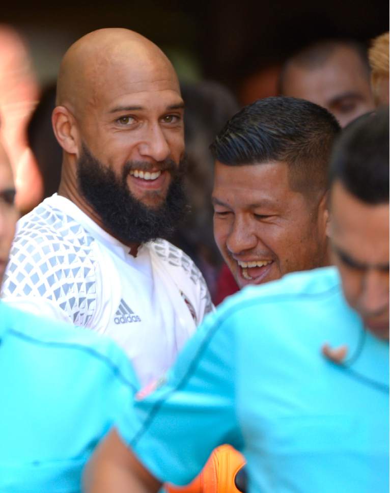 Leah Hogsten  |  The Salt Lake Tribune
Longtime friends Colorado Rapids goalie Tim Howard and Real Salt Lake goalkeeper Nick Rimando (18) greet each other before the game. Real Salt Lake is tied 1-1with the Colorado Rapids during their Rocky Mountain Championship Cup game at Rio Tinto Stadium Friday, August 26, 2016.