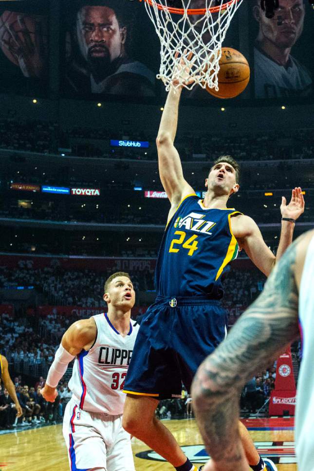 Chris Detrick  |  The Salt Lake Tribune
Utah Jazz center Jeff Withey (24) goes for a rebound past LA Clippers guard JJ Redick (4) and LA Clippers forward Blake Griffin (32) during Game 1 of the Western Conference at the Staples Center Saturday, April 15, 2017.
