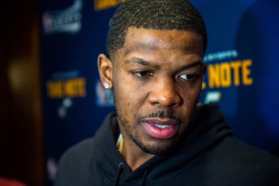 Chris Detrick  |  The Salt Lake Tribune
Utah Jazz forward Joe Johnson (6) speaks during a press conference at the  Beverly Wilshire Hotel in Beverly Hills, California Sunday, April 16, 2017.