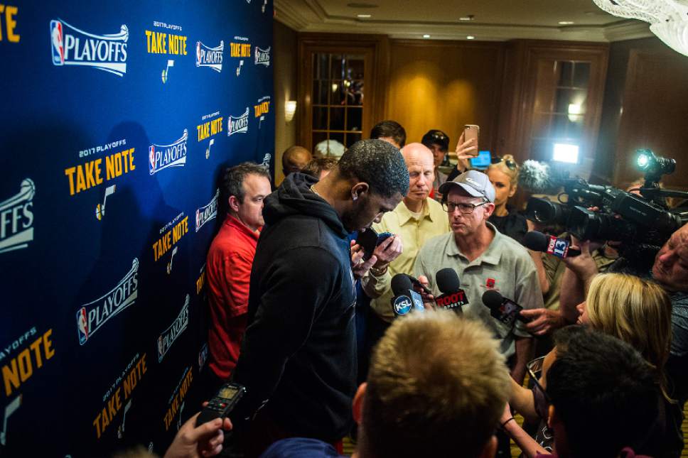 Chris Detrick  |  The Salt Lake Tribune
Utah Jazz forward Joe Johnson (6) speaks during a press conference at the  Beverly Wilshire Hotel in Beverly Hills, California Sunday, April 16, 2017.