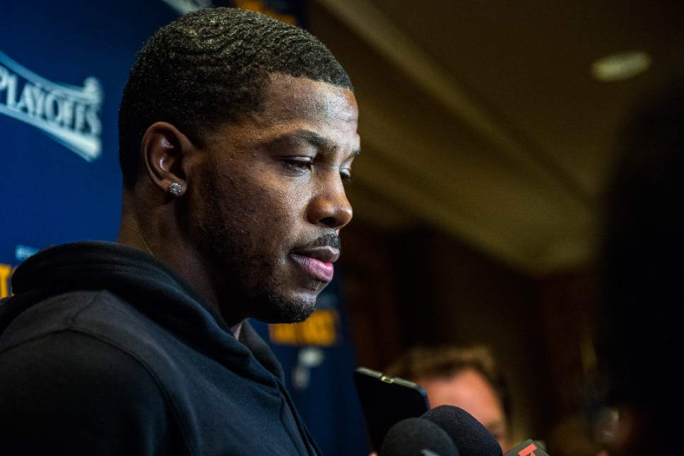 Chris Detrick  |  The Salt Lake Tribune
Utah Jazz forward Joe Johnson (6) speaks during a press conference at the  Beverly Wilshire Hotel in Beverly Hills, California Sunday, April 16, 2017.