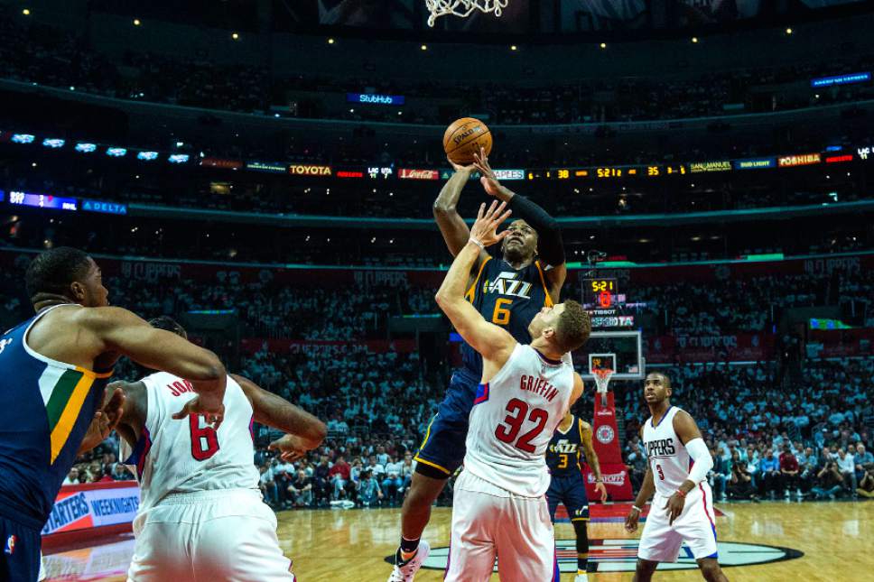 Chris Detrick  |  The Salt Lake Tribune
Utah Jazz forward Joe Johnson (6) shoots past LA Clippers forward Blake Griffin (32) during Game 1 of the Western Conference at the Staples Center Saturday, April 15, 2017.